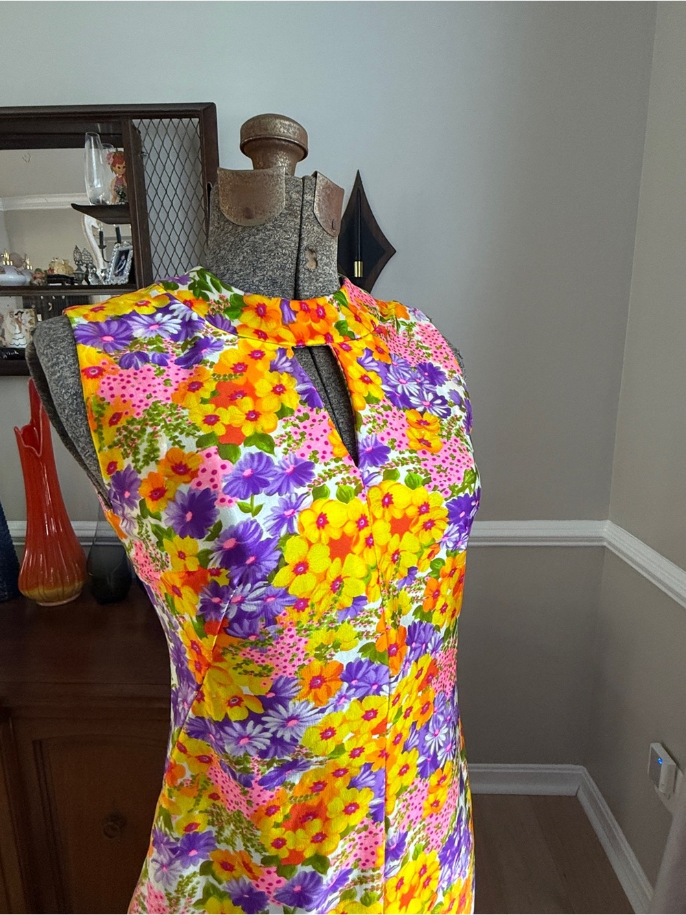 Vtg OOAK 60s/70s Mod Floral Daisy Day Glo Handmade Maxi Dress Sz Sm - Picture 11 of 13